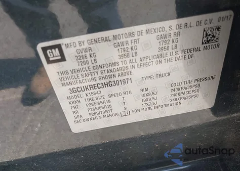 2017 Chevrolet Silverado 2Lt из США, поврежденный, VIN 3GCUKREC3HG301971